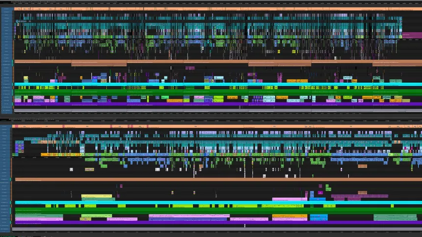 Avid Media Composer timeline packed with hundreds of clips across dozens of tracks