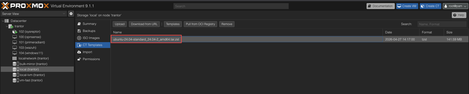 Proxmox CT template selection