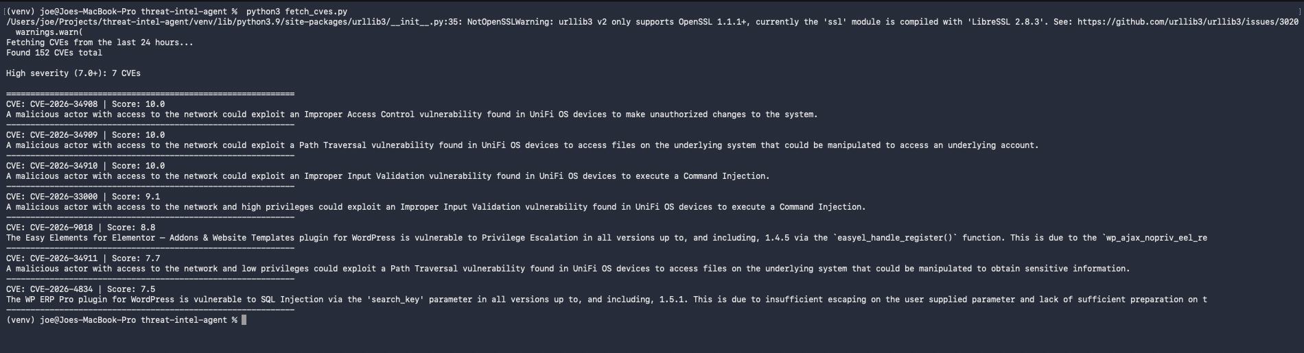 Filtered output — high severity CVEs sorted by score