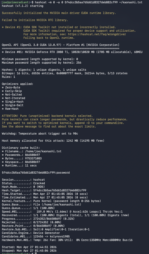 First successful hash crack on primeradiant