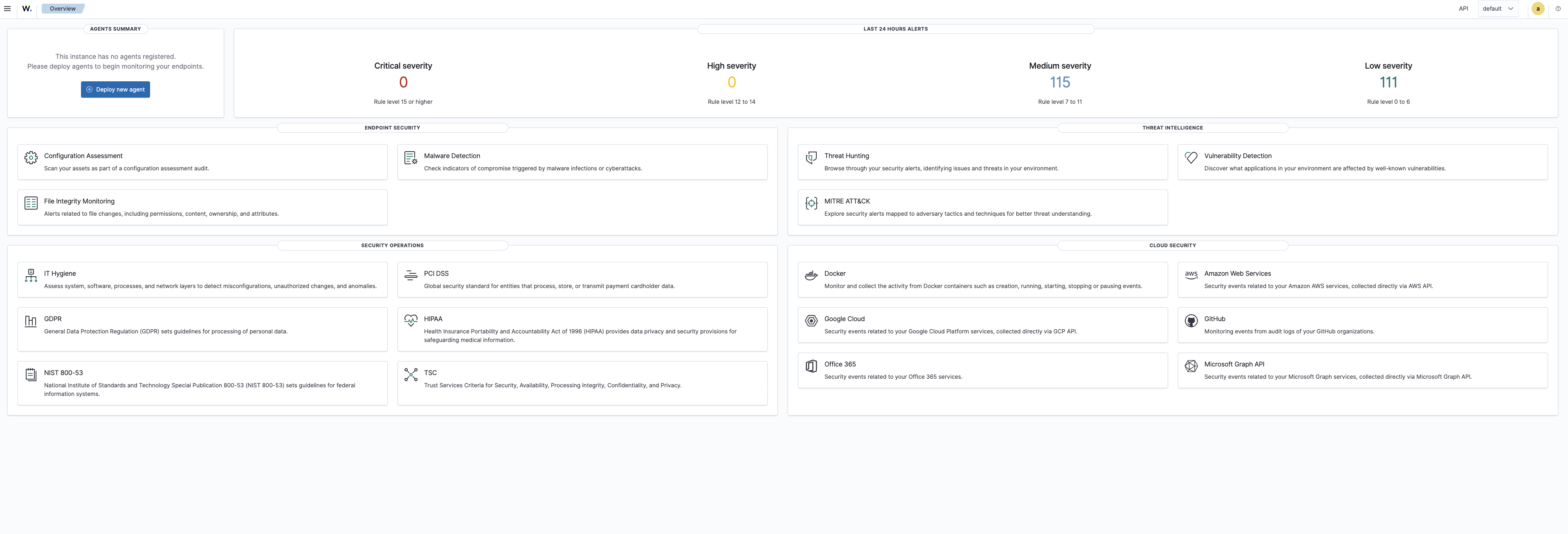 Wazuh dashboard — clean install, no agents connected