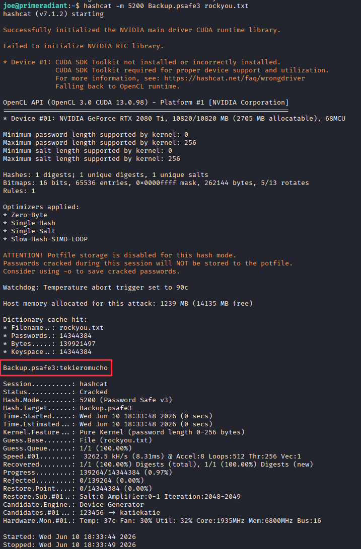 Hashcat cracking Backup.psafe3, returning tekieromucho