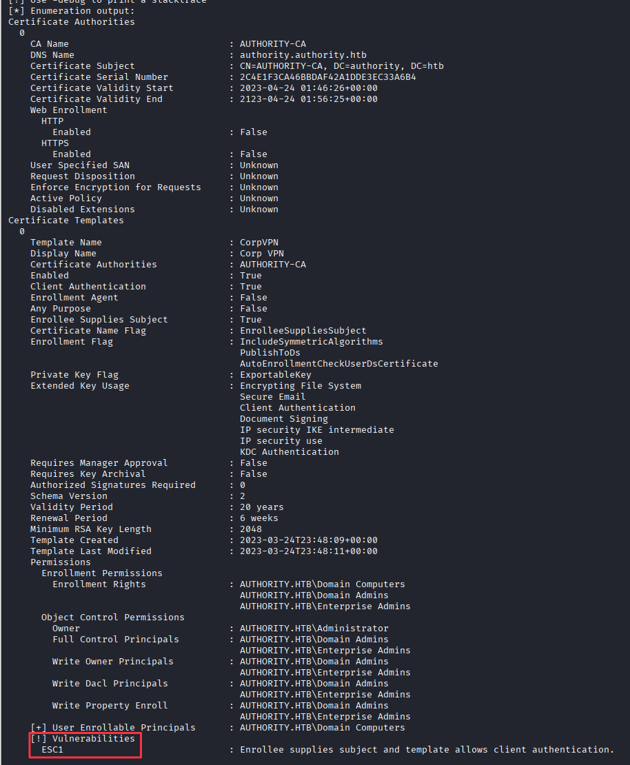 Certipy identifying ESC1 vulnerability on the CorpVPN template