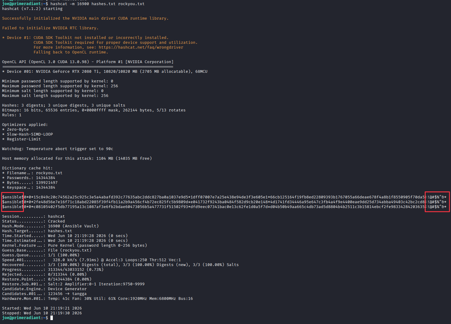 Hashcat cracking all three Ansible Vault hashes to !@#$%^&*