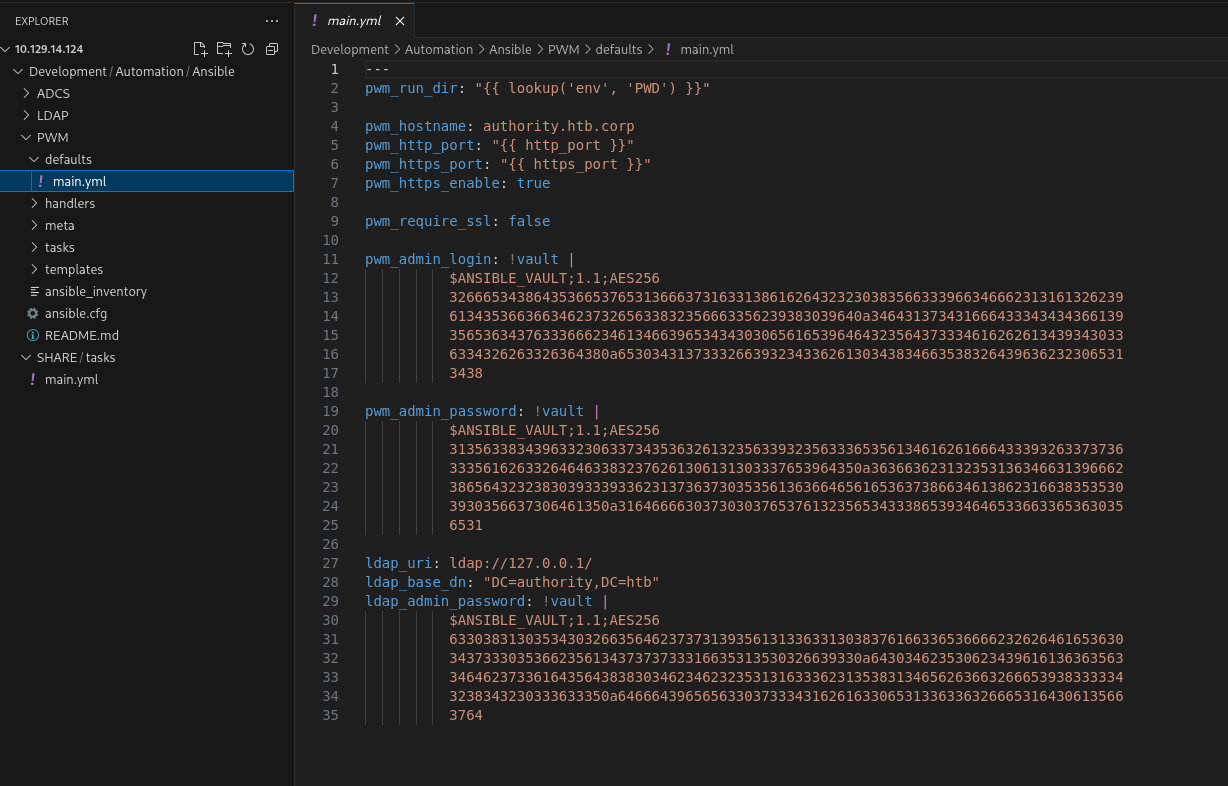 main.yml showing Ansible Vault hashes for pwm_admin_login, pwm_admin_password, and ldap_admin_password