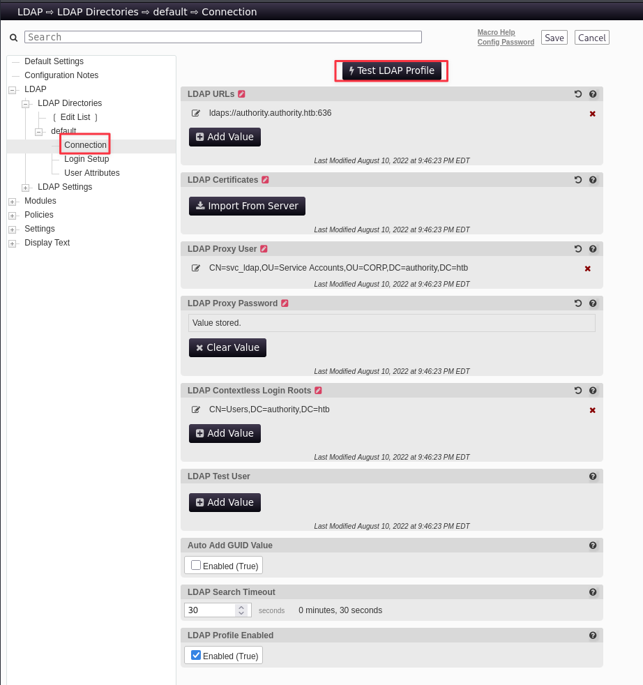 LDAP configuration showing the editable URL field