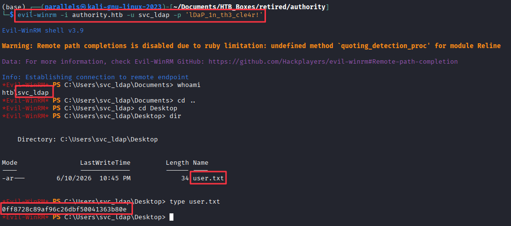 Evil-WinRM session established as svc_ldap, user flag retrieved