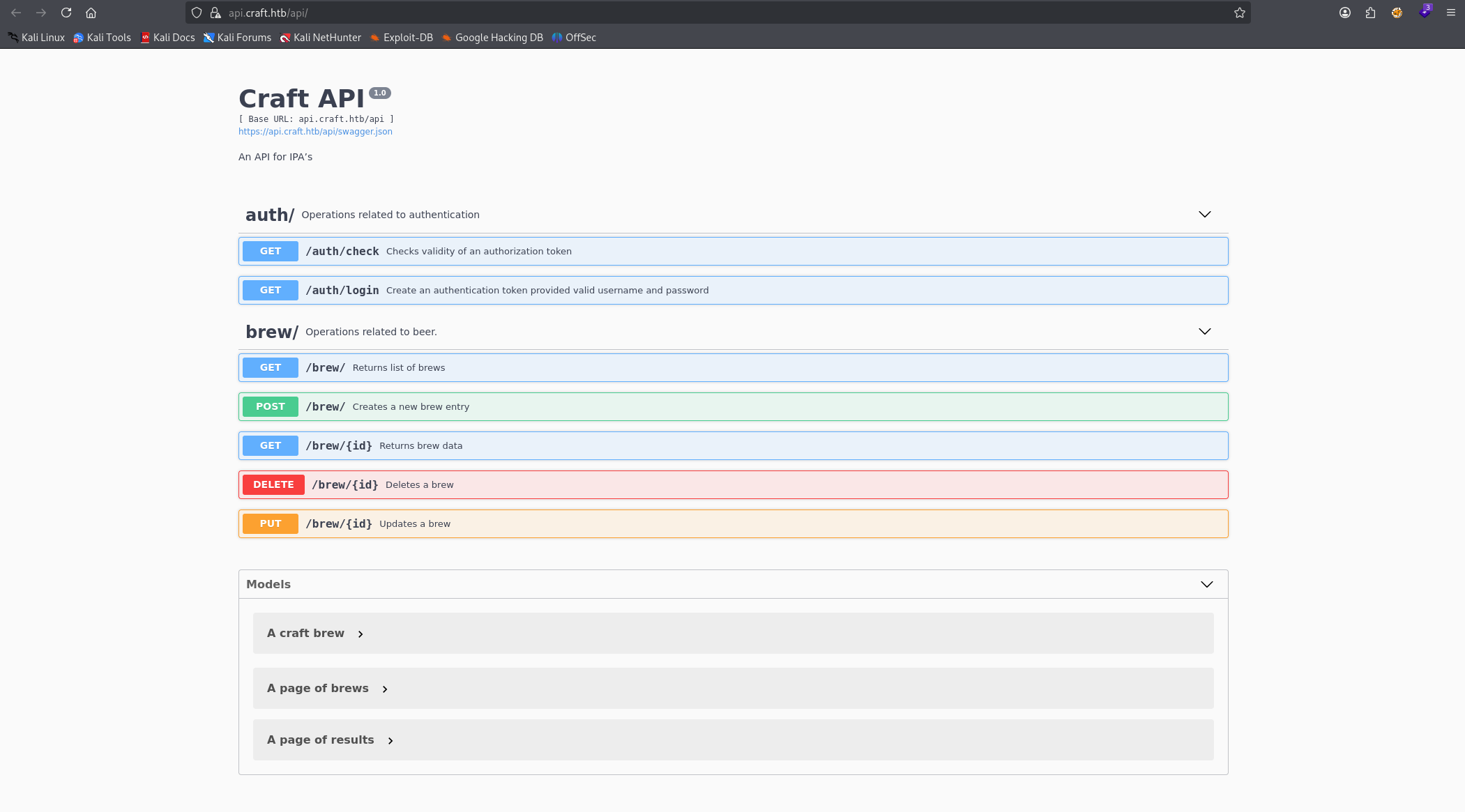 api.craft.htb Swagger UI