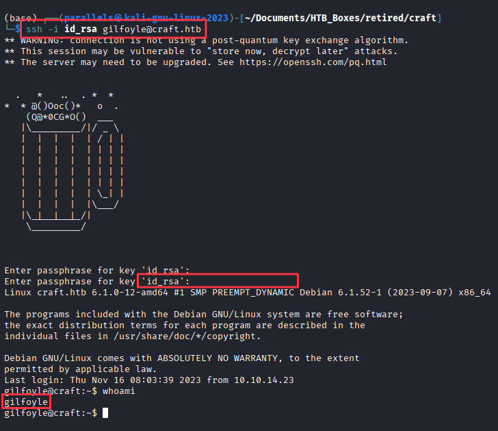 SSH session established as Gilfoyle with user flag