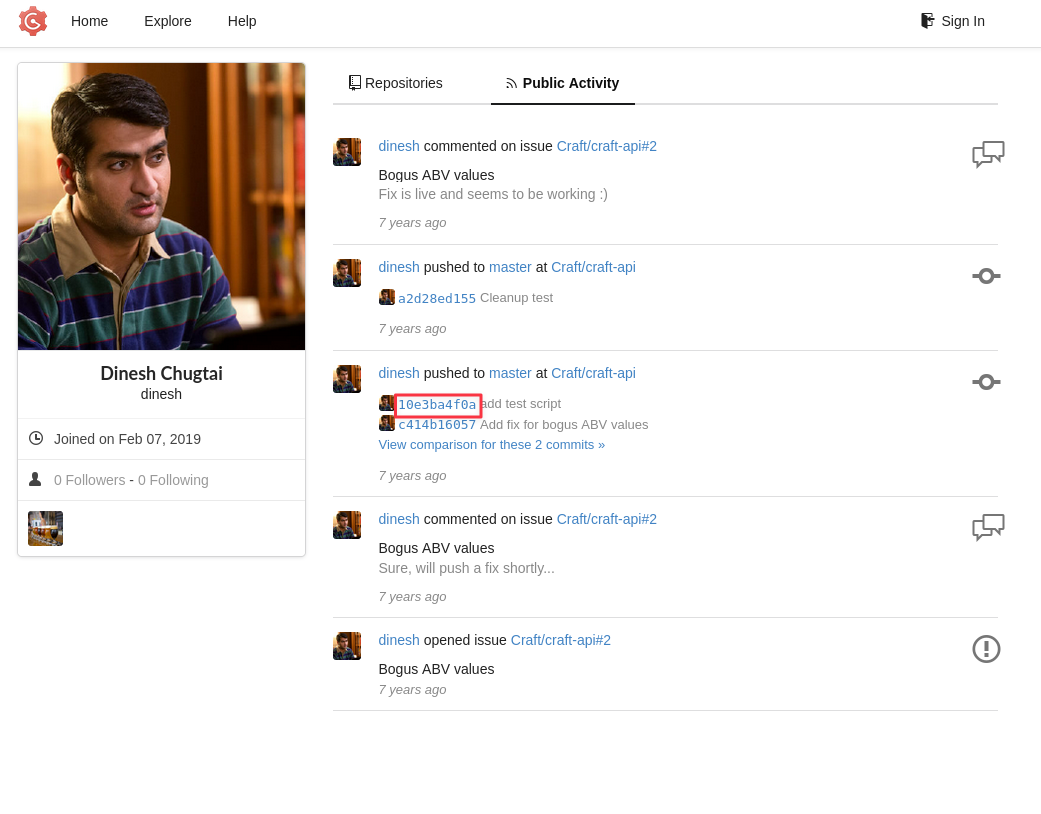 Dinesh's Gogs profile showing his commit history
