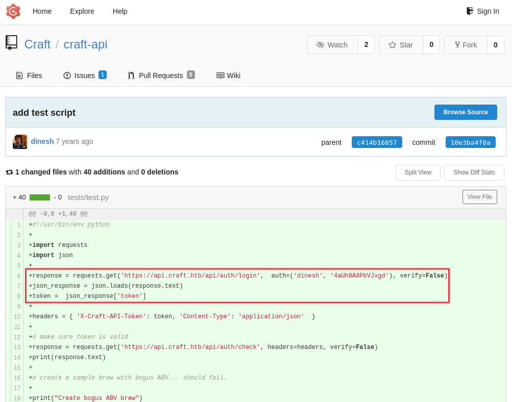 Dinesh's test script commit showing hardcoded credentials