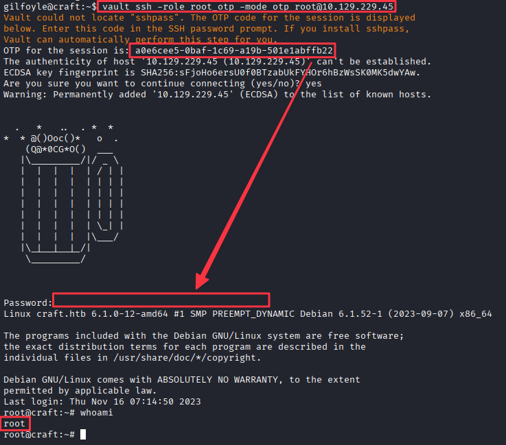 vault ssh command issuing a one-time password and logging in as root