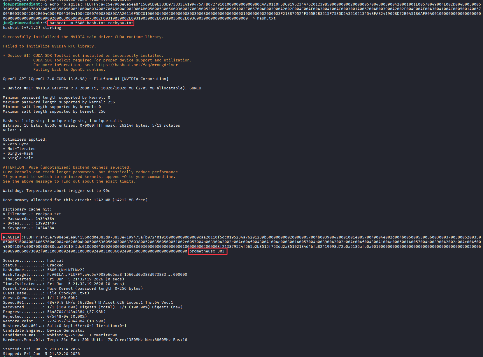 Hashcat cracking the NTLMv2 hash, returning prometheusx-303