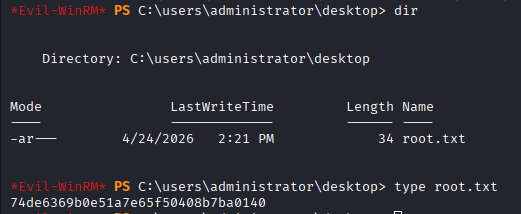 Root flag retrieved from Administrator Desktop