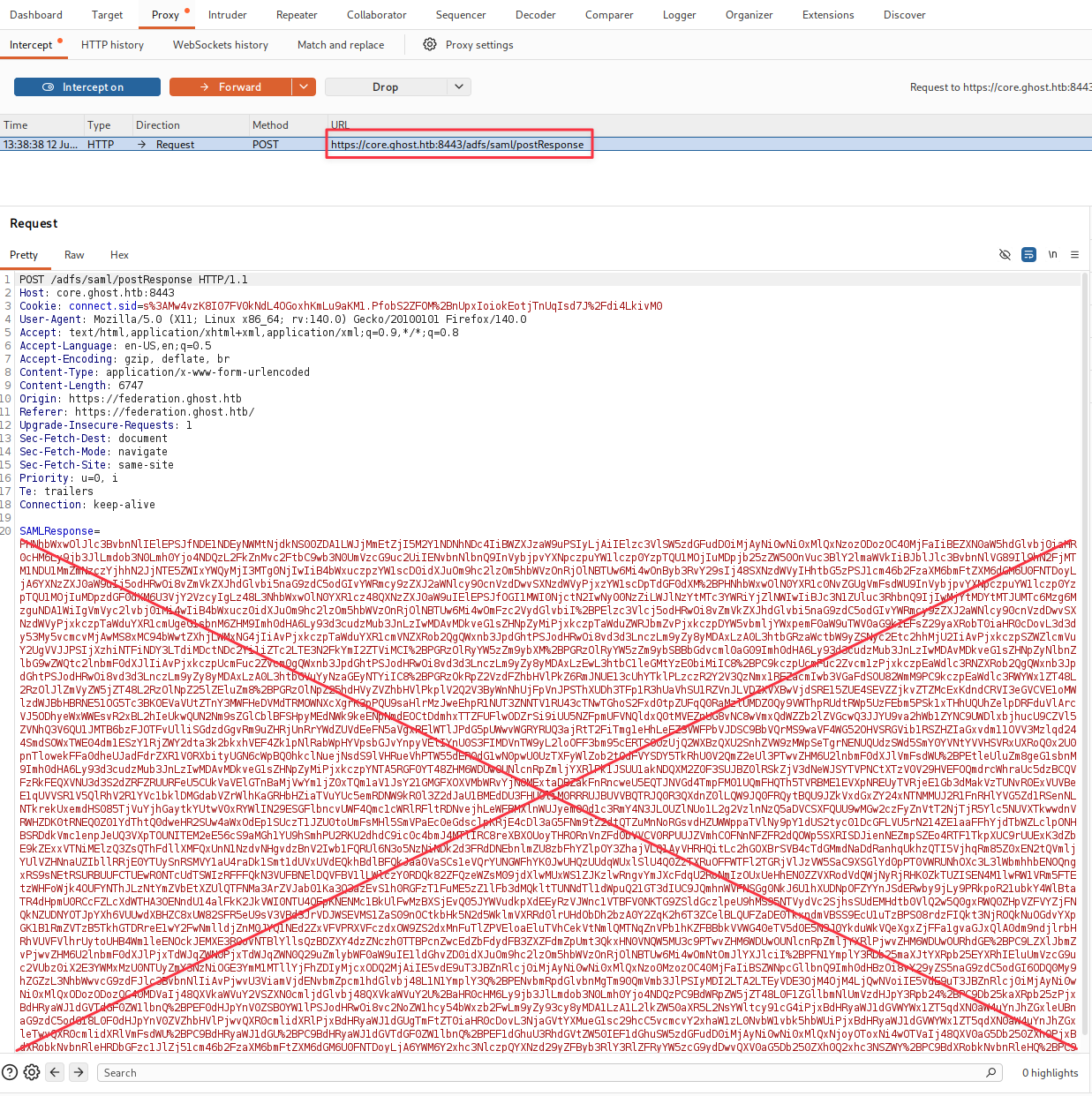 Burp Suite intercepting the SAML postResponse request