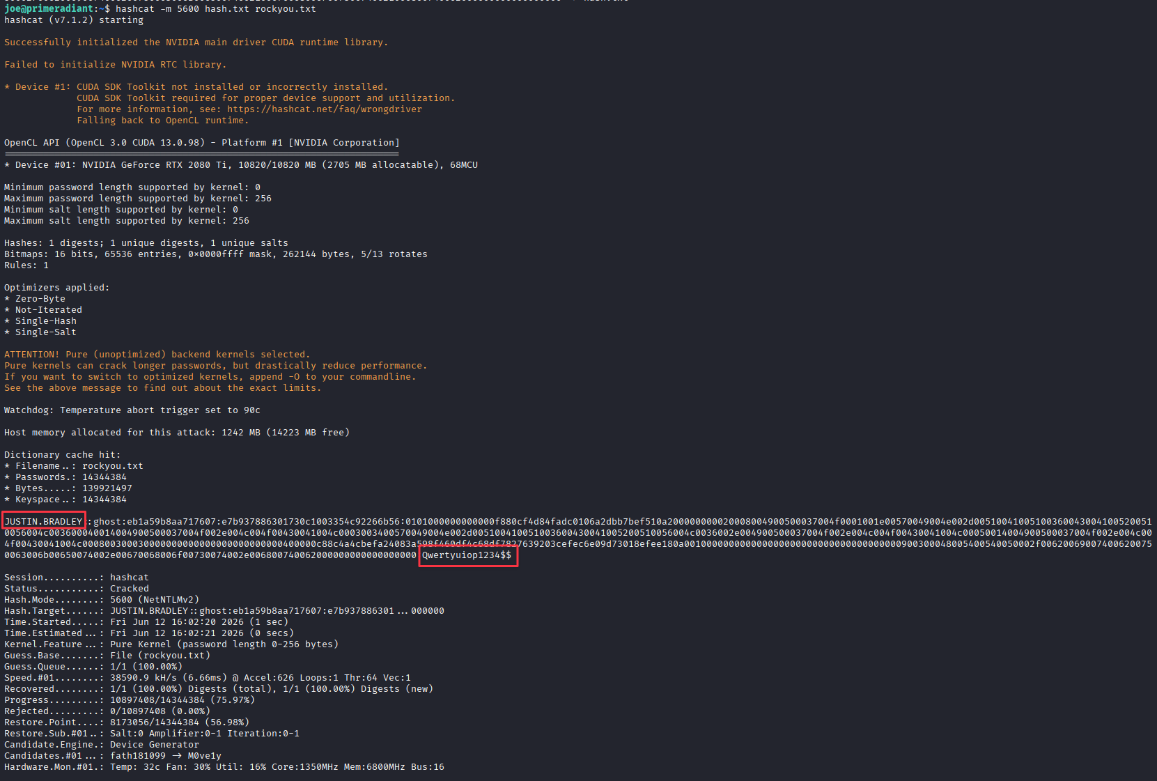Hashcat cracking justin.bradley NTLMv2 hash