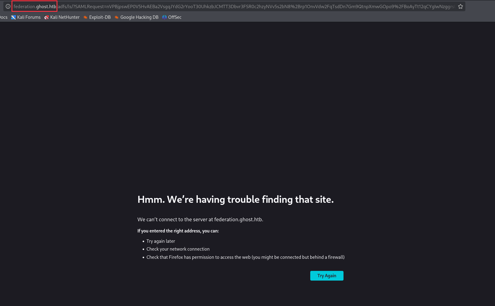 Ghost Core redirecting to federation.ghost.htb for ADFS login