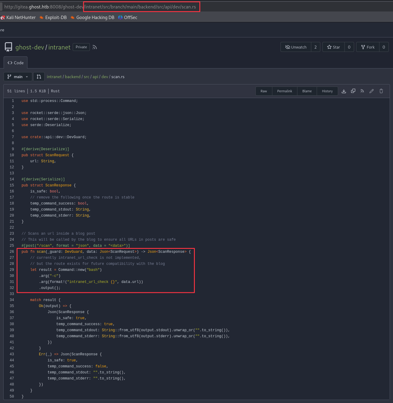 scan.rs showing user input inserted directly into a bash -c invocation