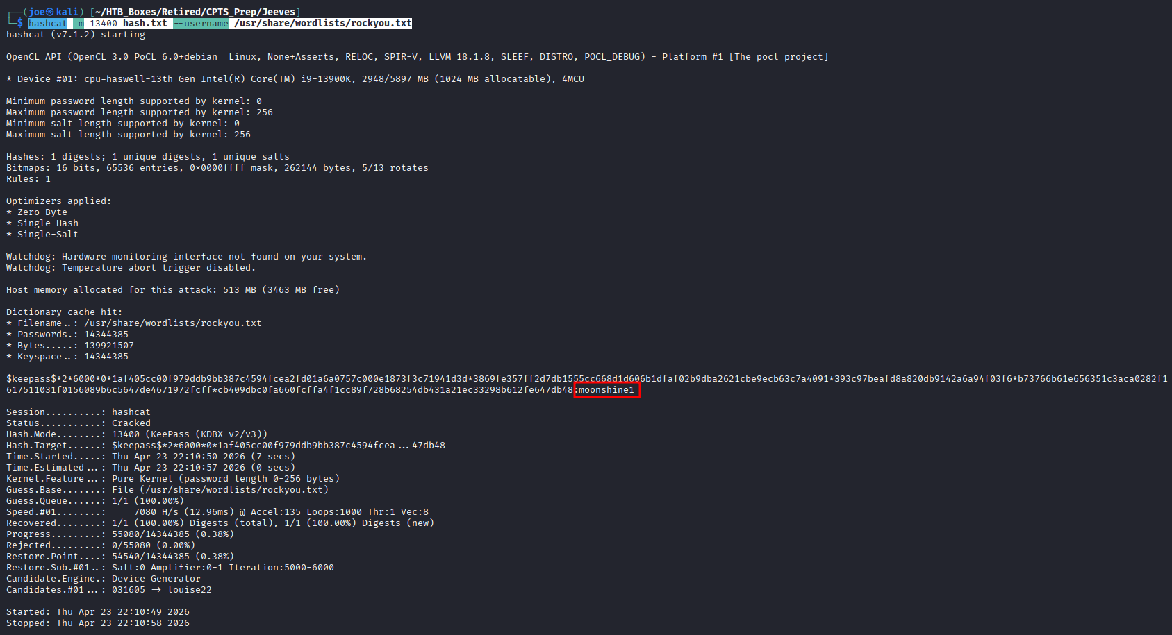 Hashcat cracking KeePass hash, password moonshine1