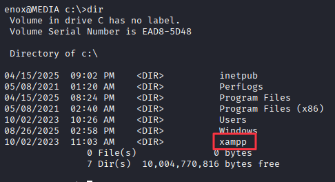 C:\ directory listing showing the xampp folder