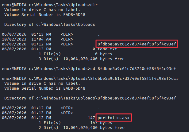 C:\Windows\Tasks\Uploads\ showing the MD5-named folder
