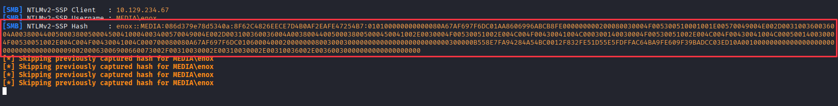 Responder capturing NTLMv2 hash for enox
