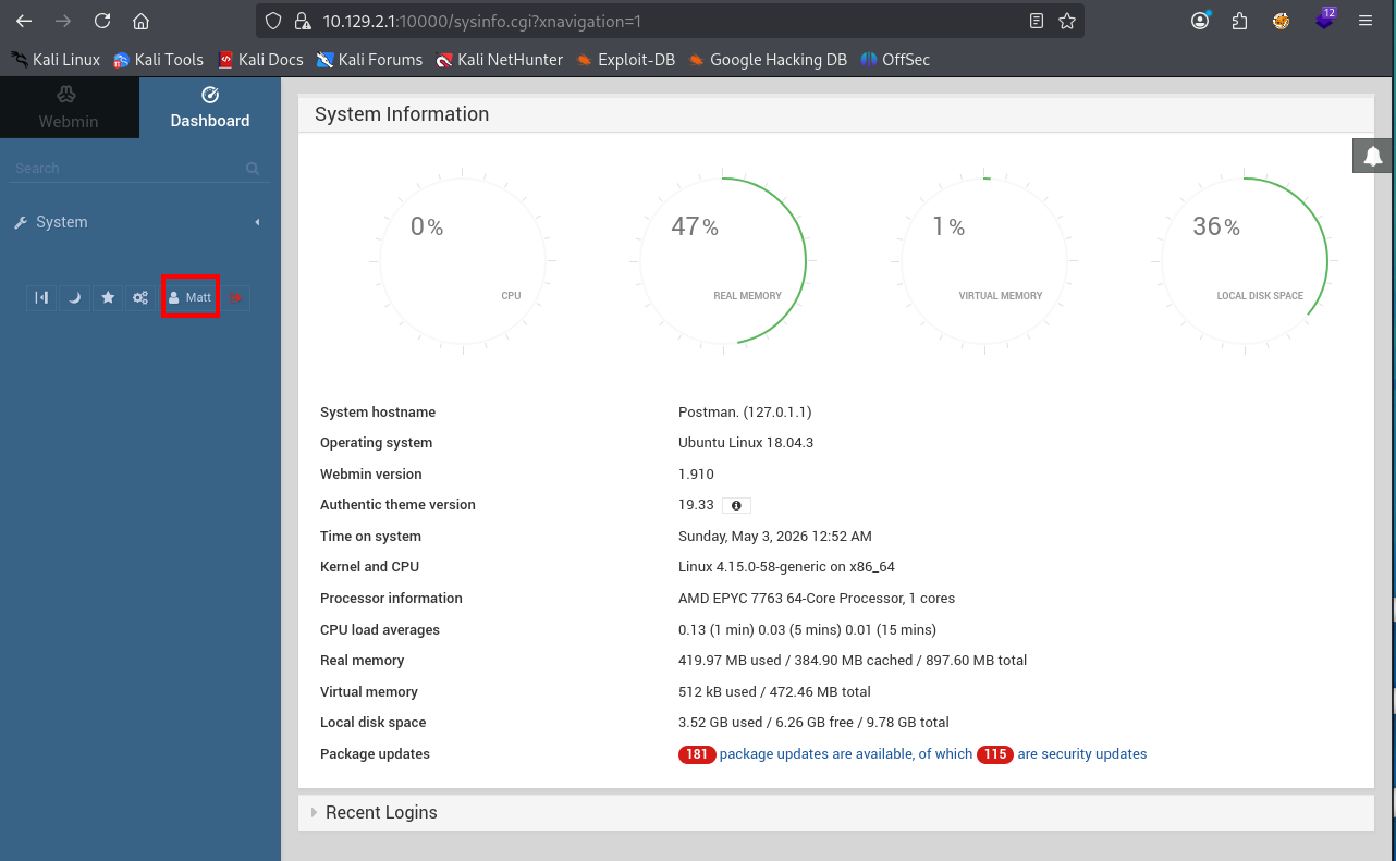 Webmin dashboard as Matt showing system information and Webmin version 1.910