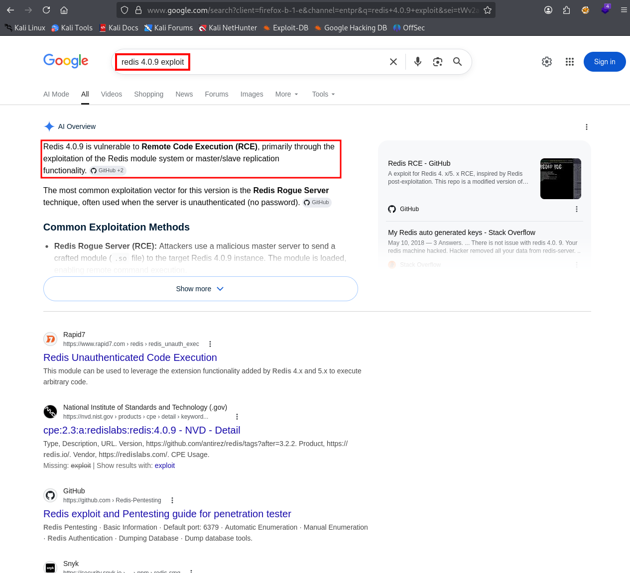 Google search for Redis 4.0.9 exploit showing RCE via config abuse