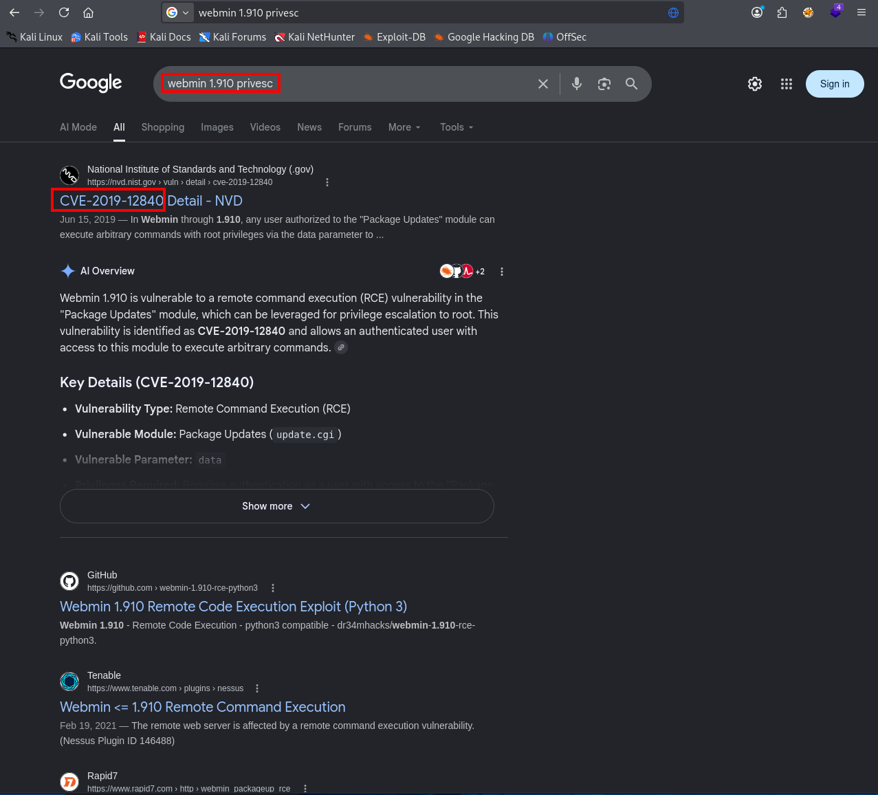 Google search for webmin 1.910 privesc showing CVE-2019-12840