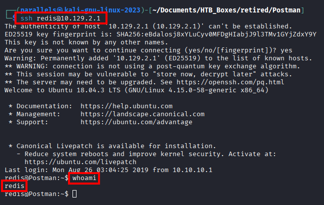 SSH session established as redis, whoami confirms redis