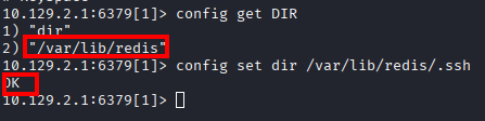 config get DIR showing /var/lib/redis, config set dir to .ssh returning OK